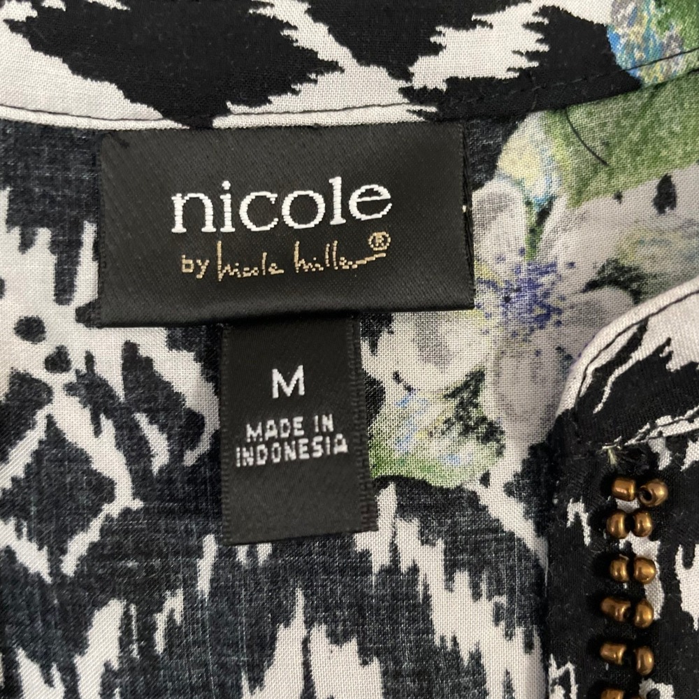 Nicole by Nicole Miller Floral Ikat Beaded Tunic Top Black White Pink Medium - Picture 3 of 7